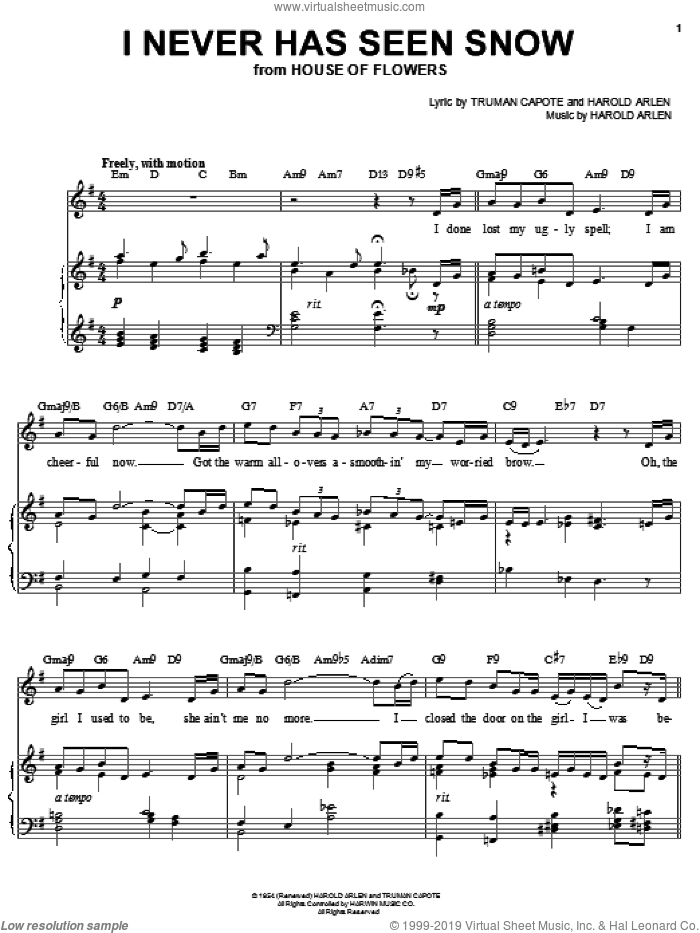 I Never Has Seen Snow sheet music for voice, piano or guitar by Audra McDonald, Pearl Bailey, Harold Arlen and Truman Capote, intermediate skill level