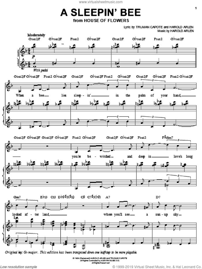 A Sleepin' Bee sheet music for voice, piano or guitar by Audra McDonald, Harold Arlen and Truman Capote, intermediate skill level