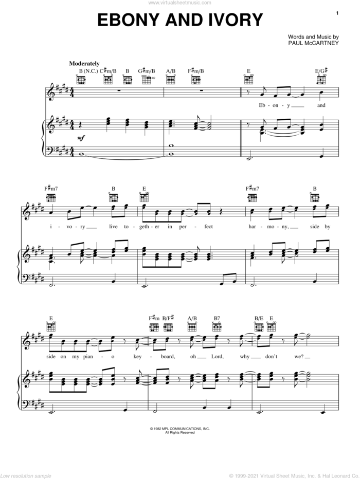 Ebony And Ivory sheet music for voice, piano or guitar by Paul McCartney and Stevie Wonder, Stevie Wonder and Paul McCartney, intermediate skill level