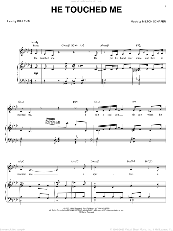 He Touched Me sheet music for voice, piano or guitar by Barbra Streisand, Ira Levin and Milton Schafer, intermediate skill level