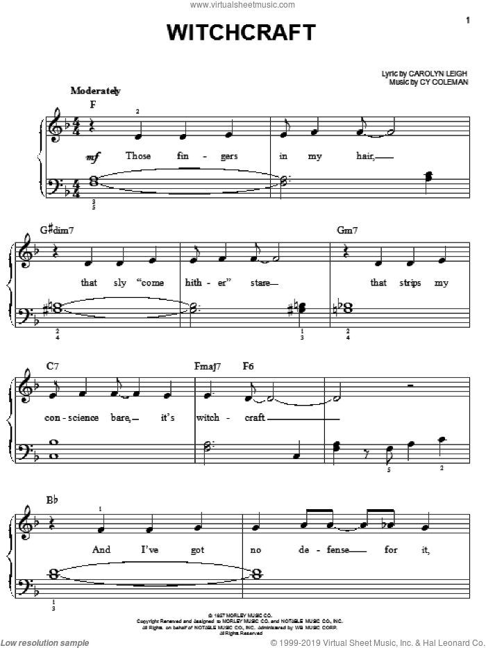 Witchcraft sheet music for piano solo by Frank Sinatra, George Benson, Carolyn Leigh and Cy Coleman, easy skill level
