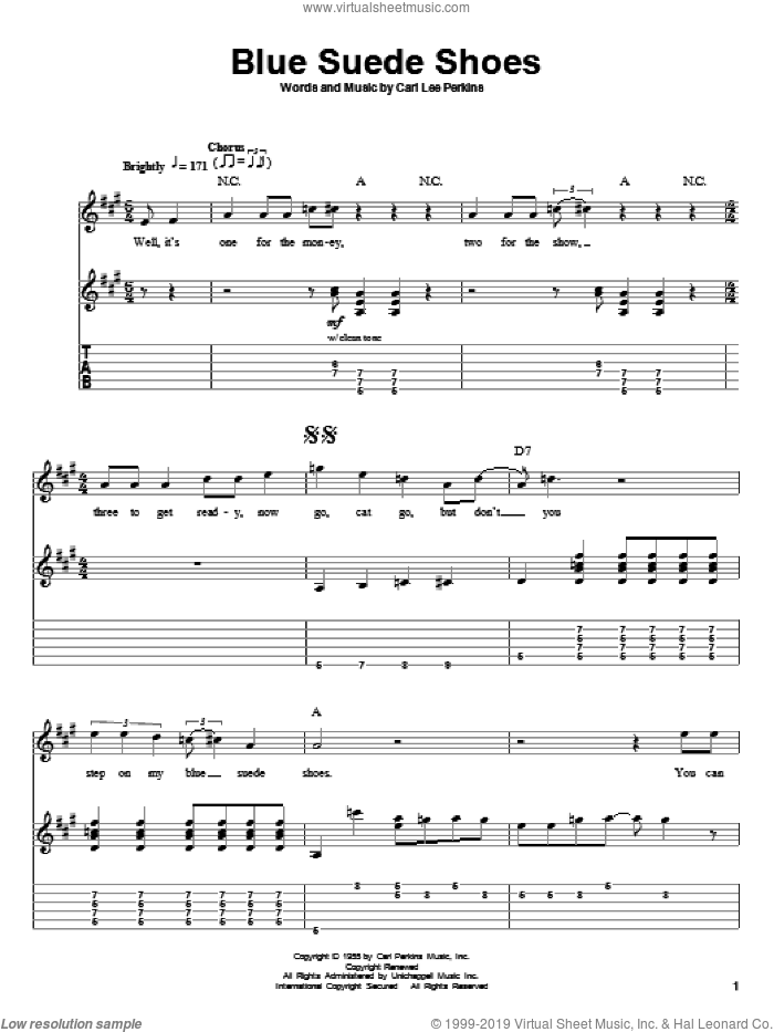 Blue Suede Shoes sheet music for guitar (tablature, play-along) by Carl Perkins and Elvis Presley, intermediate skill level