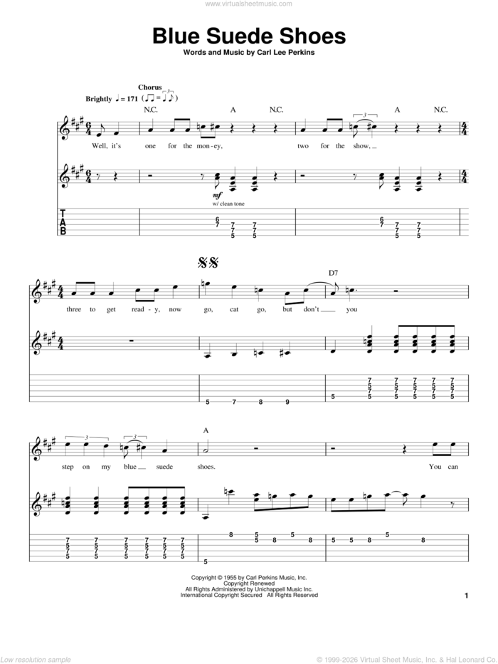 Blue Suede Shoes sheet music for guitar (tablature, play-along) by Carl Perkins and Elvis Presley, intermediate skill level