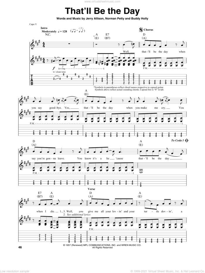 That'll Be The Day sheet music for guitar (tablature, play-along) by Buddy Holly, The Crickets, Jerry Allison and Norman Petty, intermediate skill level