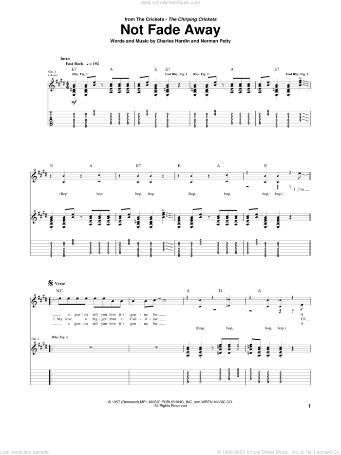 Not Fade Away sheet music for guitar (tablature) by Buddy Holly, Charles Hardin and Norman Petty, intermediate skill level