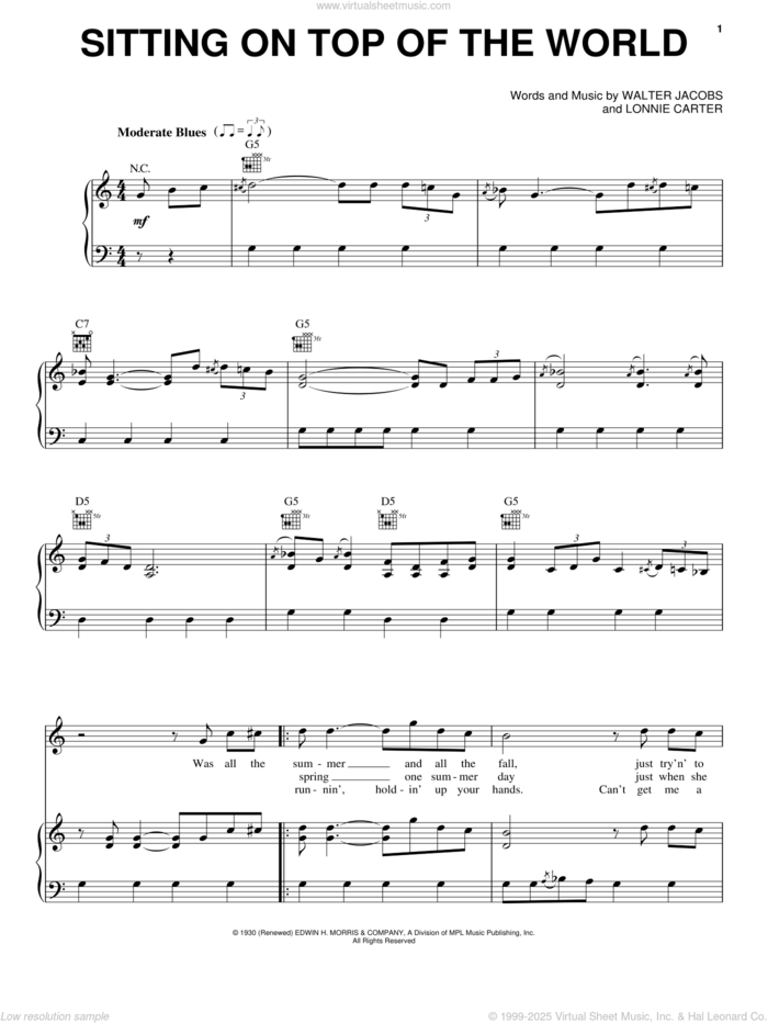 Sitting On Top Of The World sheet music for voice, piano or guitar by Doc Watson, Cold Mountain (Movie), Lonnie Carter and Walter Jacobs, intermediate skill level