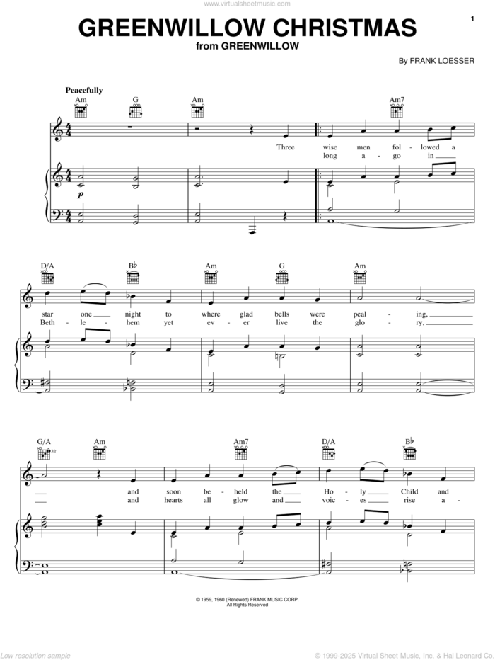 Greenwillow Christmas sheet music for voice, piano or guitar by Frank Loesser, intermediate skill level