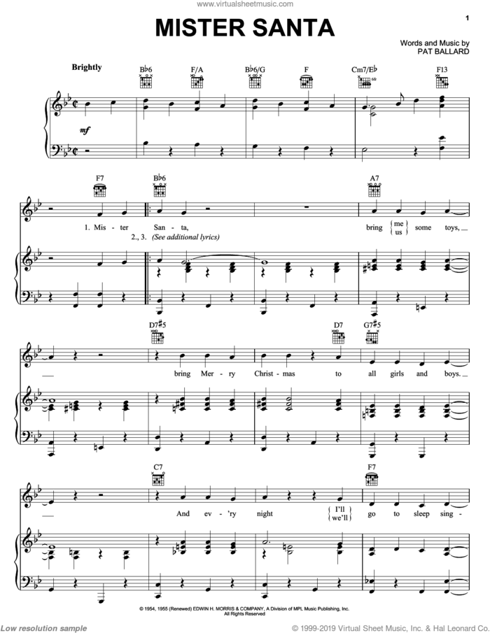 Mister Santa sheet music for voice, piano or guitar by Pat Ballard, intermediate skill level