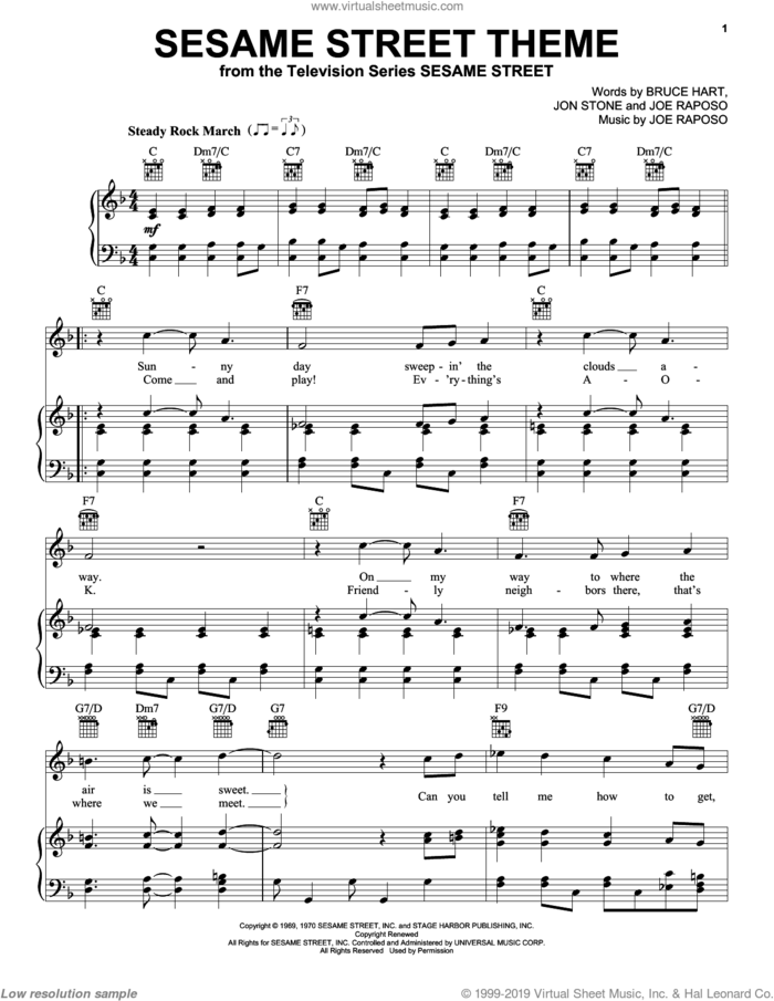 Sesame Street Theme sheet music for voice, piano or guitar by Joe Raposo, The Muppets, Bruce Hart and Jon Stone, intermediate skill level