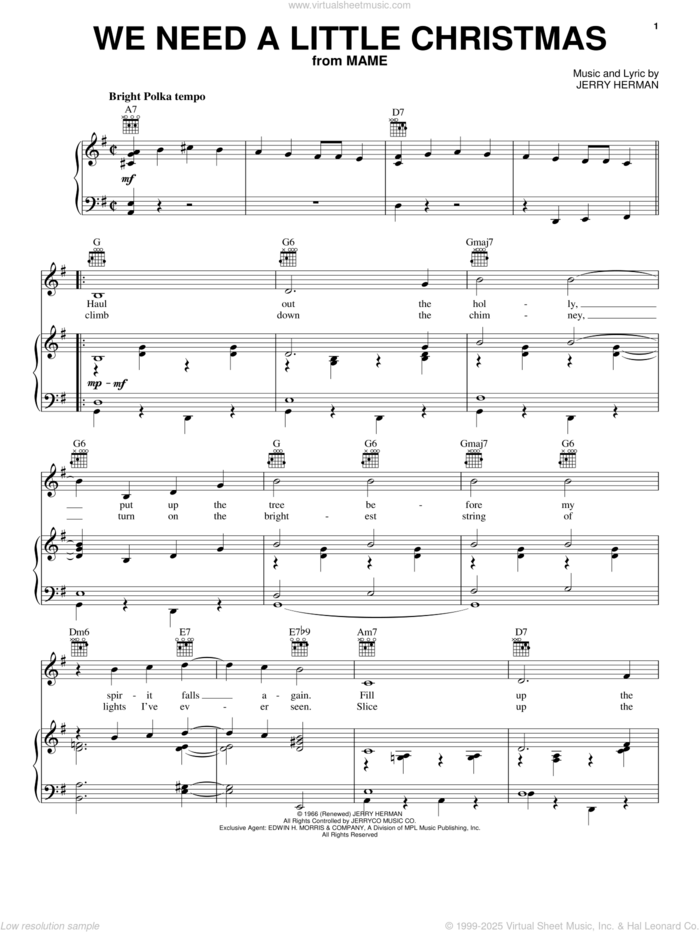 We Need A Little Christmas sheet music for voice, piano or guitar by Angela Lansbury, Mame (Musical) and Jerry Herman, intermediate skill level