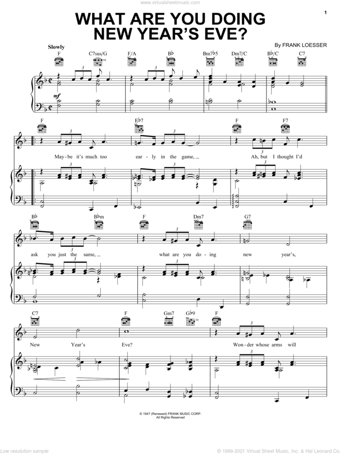 What Are You Doing New Year's Eve? sheet music for voice, piano or guitar by Frank Loesser, intermediate skill level