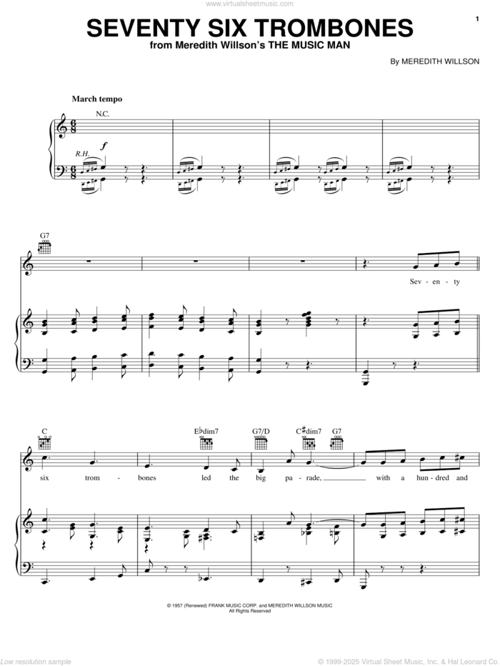 Seventy Six Trombones sheet music for voice, piano or guitar by Meredith Willson and The Music Man (Musical), intermediate skill level