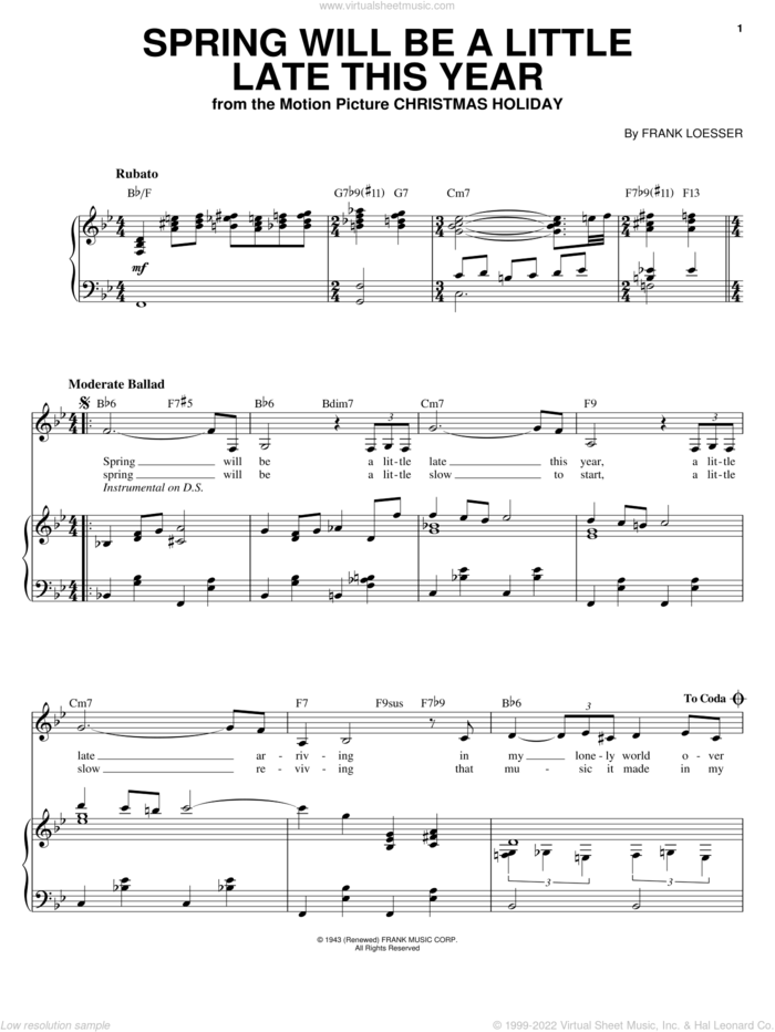 Spring Will Be A Little Late This Year sheet music for voice and piano by Sarah Vaughan and Frank Loesser, intermediate skill level