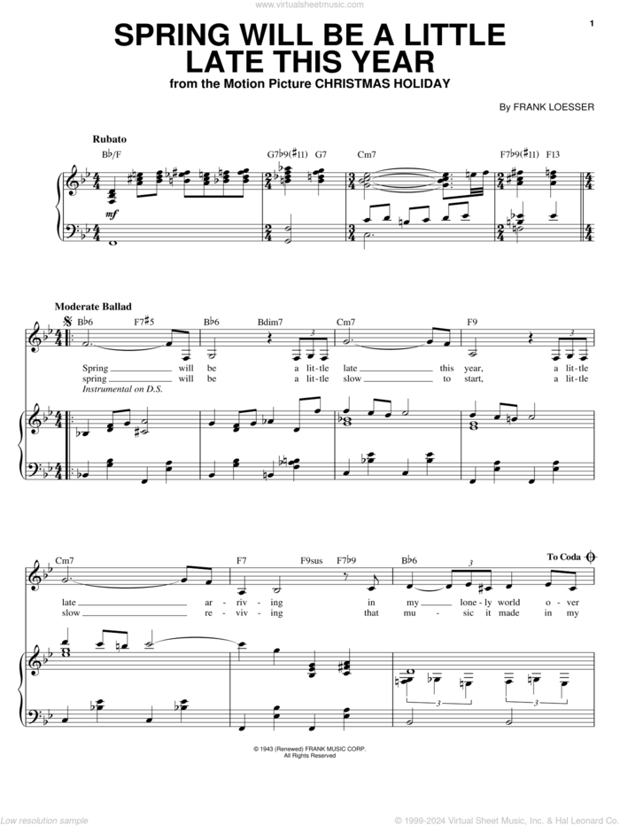 Spring Will Be A Little Late This Year sheet music for voice and piano by Sarah Vaughan and Frank Loesser, intermediate skill level