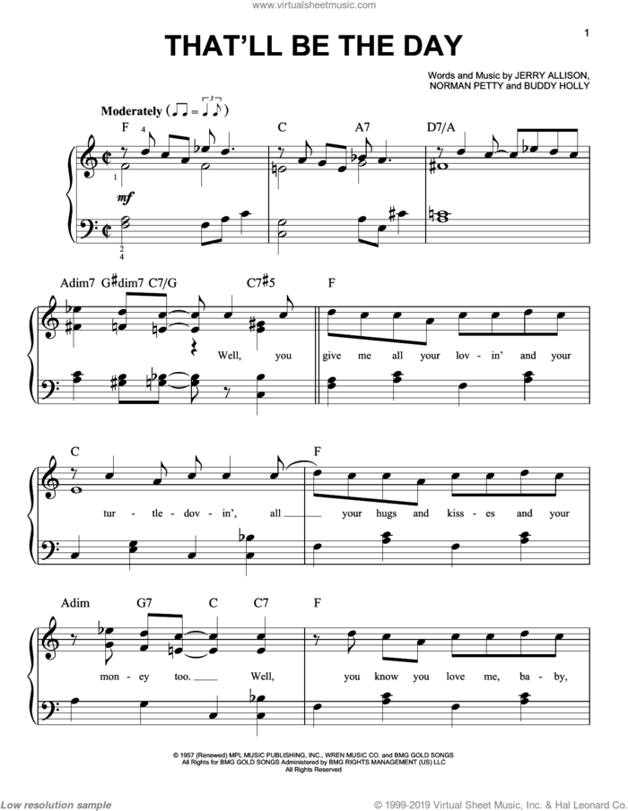 That'll Be The Day sheet music for piano solo by Buddy Holly, The Crickets, Jerry Allison and Norman Petty, easy skill level