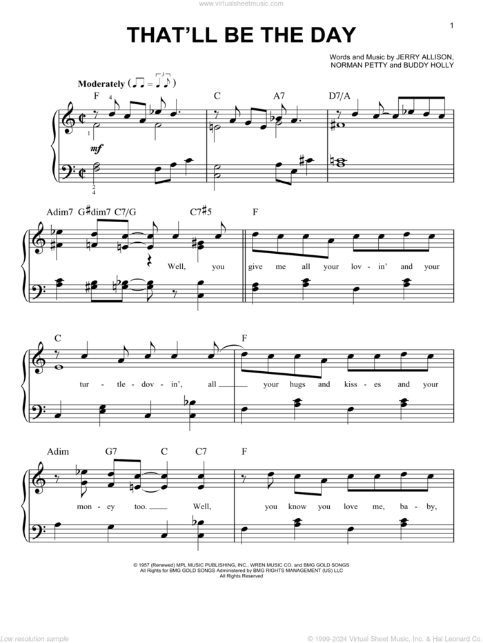 That'll Be The Day sheet music for piano solo by Buddy Holly, The Crickets, Jerry Allison and Norman Petty, easy skill level