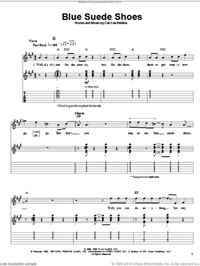 Blue Suede Shoes sheet music for guitar (tablature, play-along) by Elvis Presley and Carl Perkins, intermediate skill level