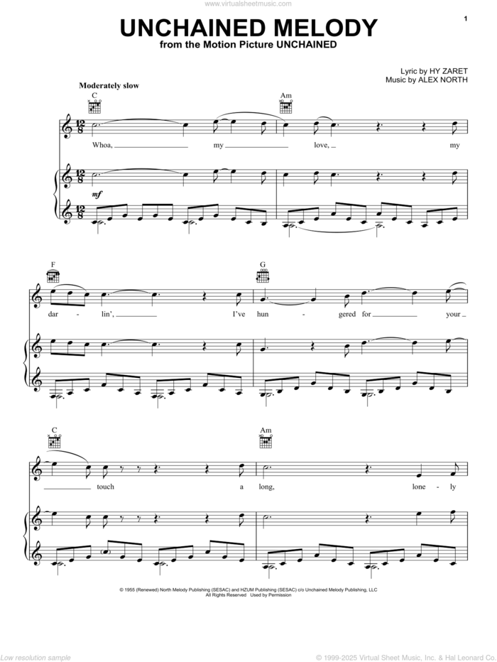 Unchained Melody sheet music for voice, piano or guitar by The Righteous Brothers, Elvis Presley, Alex North and Hy Zaret, wedding score, intermediate skill level