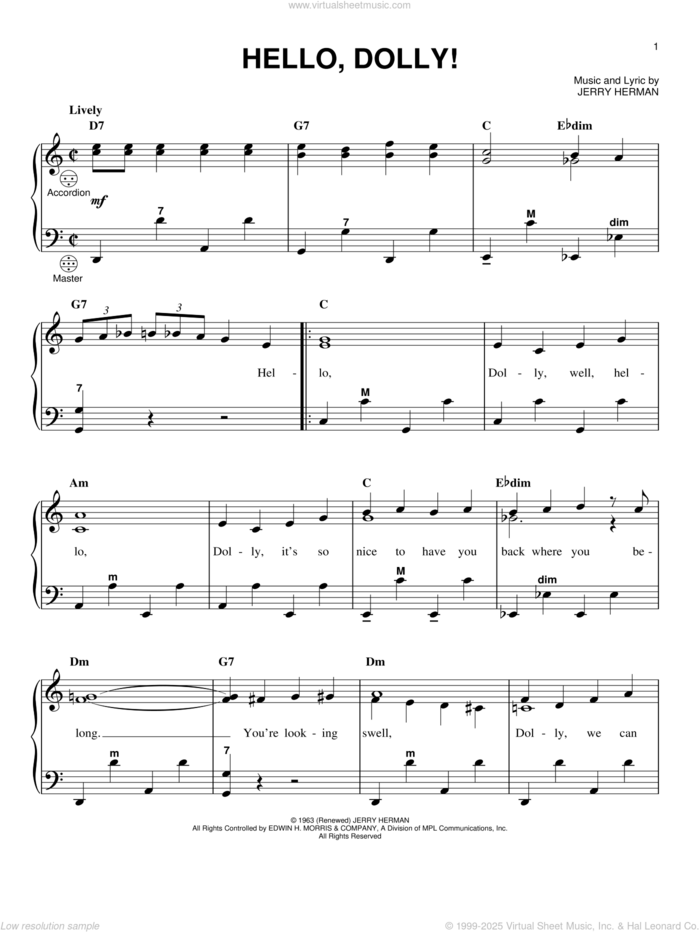 Hello, Dolly! sheet music for accordion by Louis Armstrong, Gary Meisner and Jerry Herman, intermediate skill level