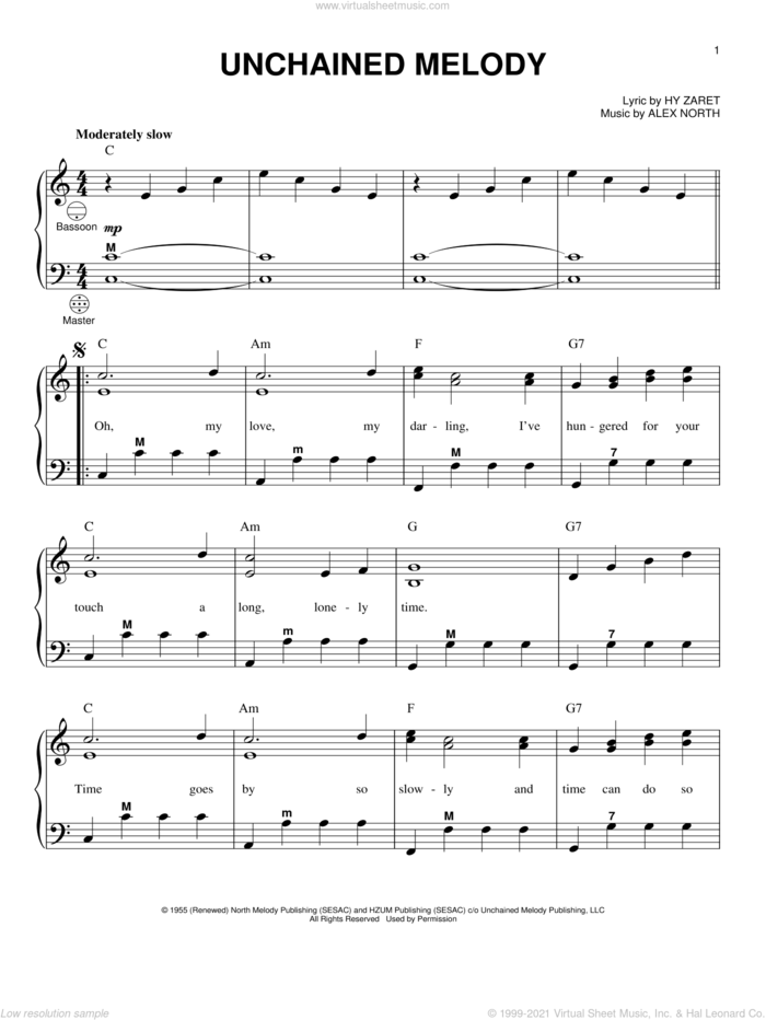 Unchained Melody sheet music for accordion by The Righteous Brothers, Gary Meisner, Alex North and Hy Zaret, wedding score, intermediate skill level