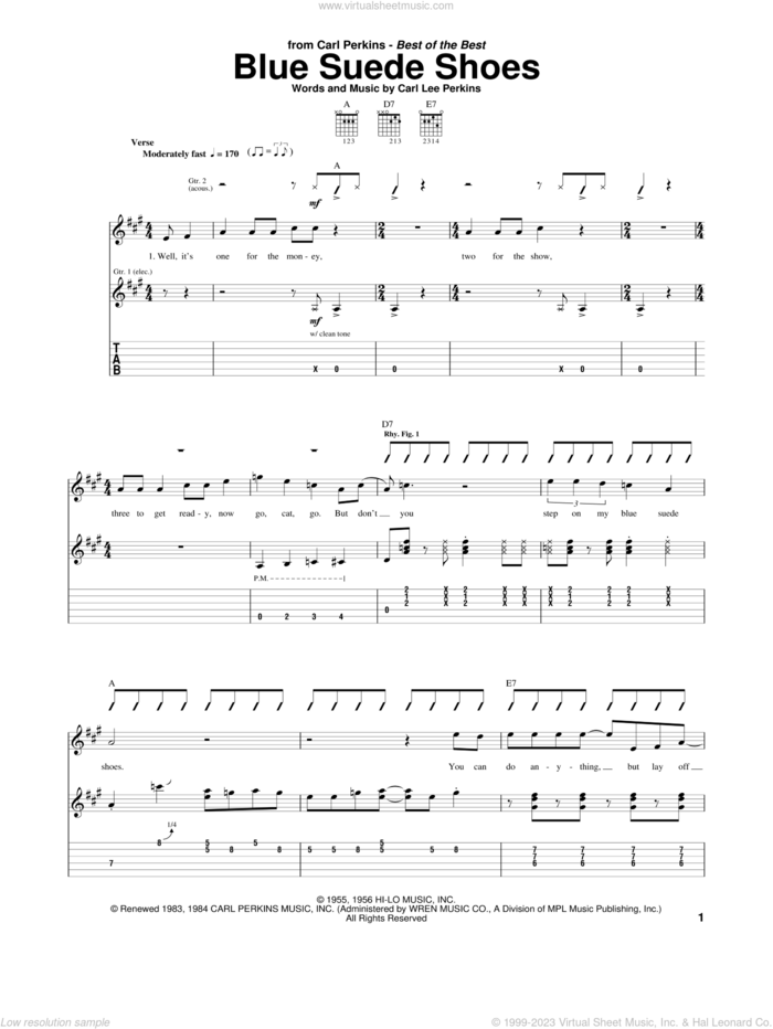 Blue Suede Shoes sheet music for guitar (tablature) by Carl Perkins and Elvis Presley, intermediate skill level