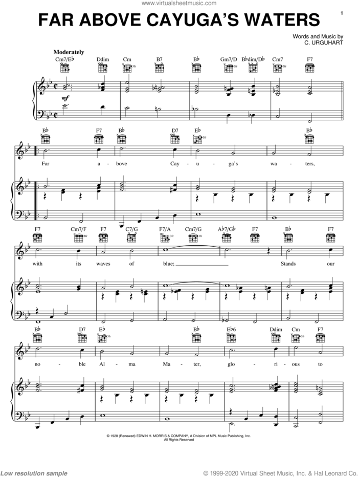 Far Above Cayuga's Waters sheet music for voice, piano or guitar by C. Urguhart, intermediate skill level