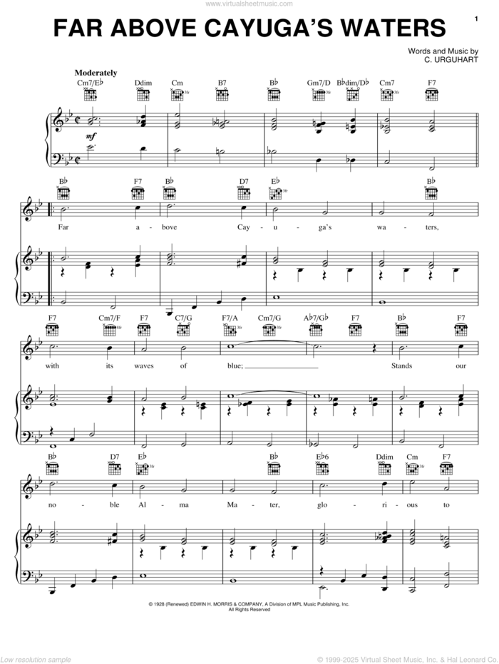 Far Above Cayuga's Waters sheet music for voice, piano or guitar by C. Urguhart, intermediate skill level