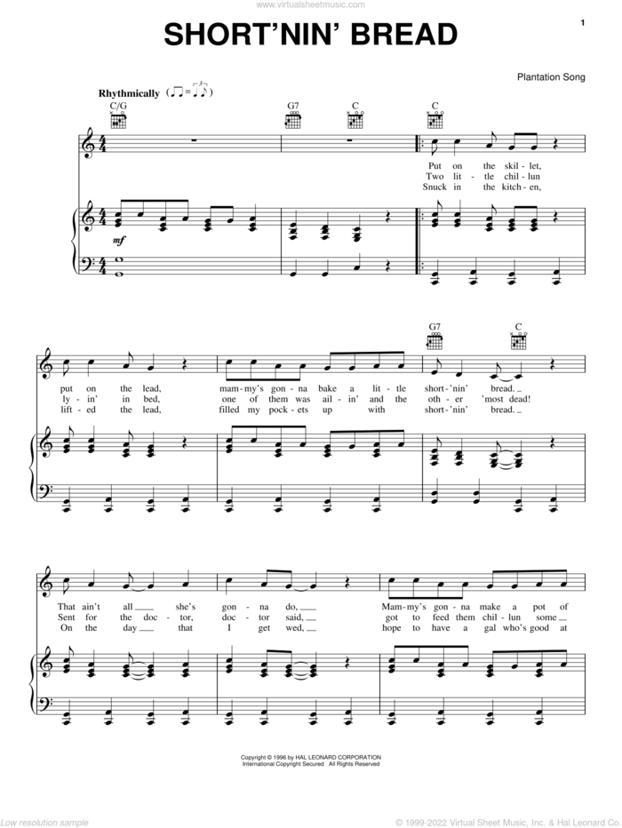 Short'nin' Bread sheet music for voice, piano or guitar, intermediate skill level