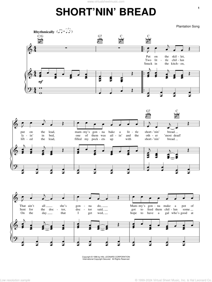 Short'nin' Bread sheet music for voice, piano or guitar, intermediate skill level