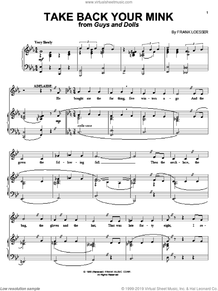 Take Back Your Mink sheet music for voice and piano by Frank Loesser and Guys And Dolls (Musical), intermediate skill level