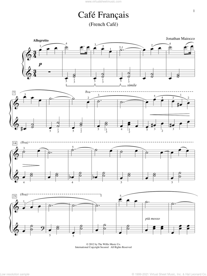Cafe Francais (French Cafe) sheet music for piano solo (elementary) by Jonathan Maiocco, classical score, beginner piano (elementary)