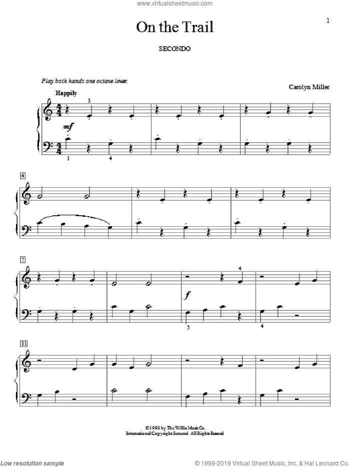 On The Trail sheet music for piano four hands by Carolyn Miller, intermediate skill level