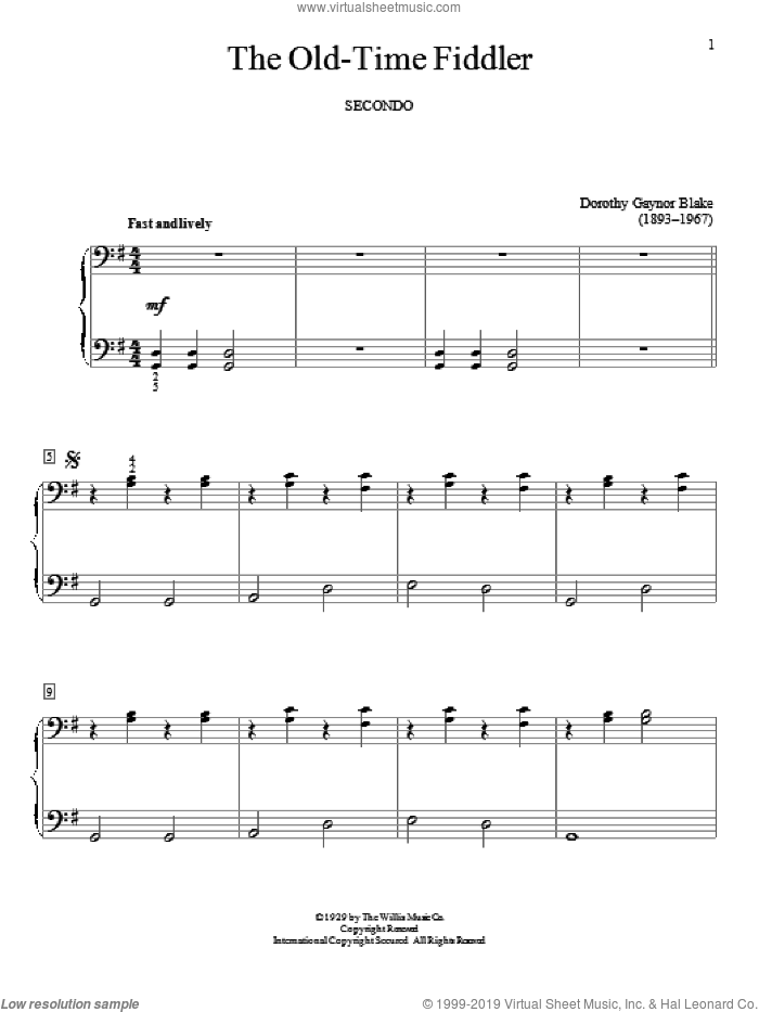 The Old-Time Fiddler sheet music for piano four hands by Dorothy Gaynor Blake, intermediate skill level