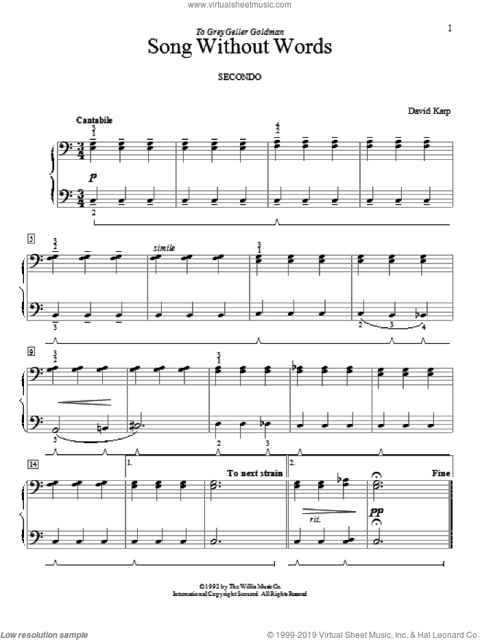 Song Without Words sheet music for piano four hands by David Karp, intermediate skill level