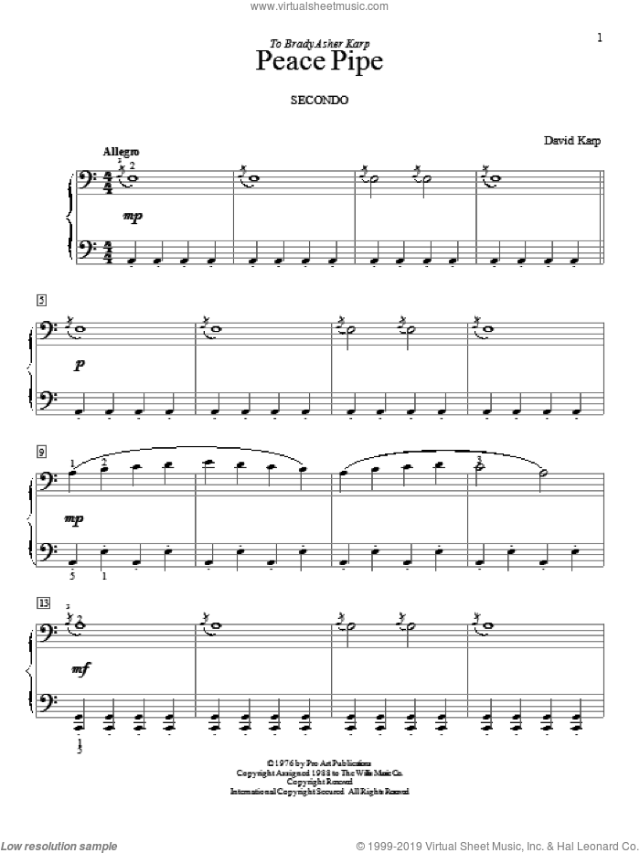 Peace Pipe sheet music for piano four hands by David Karp, intermediate skill level
