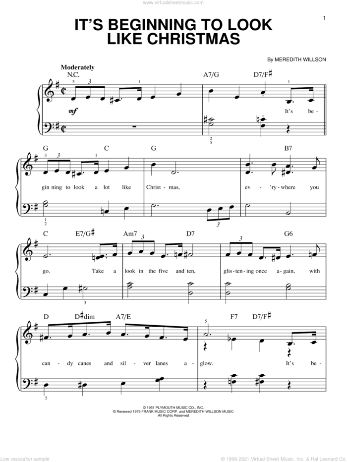 It's Beginning To Look Like Christmas sheet music for piano solo by Perry Como and Meredith Willson, beginner skill level