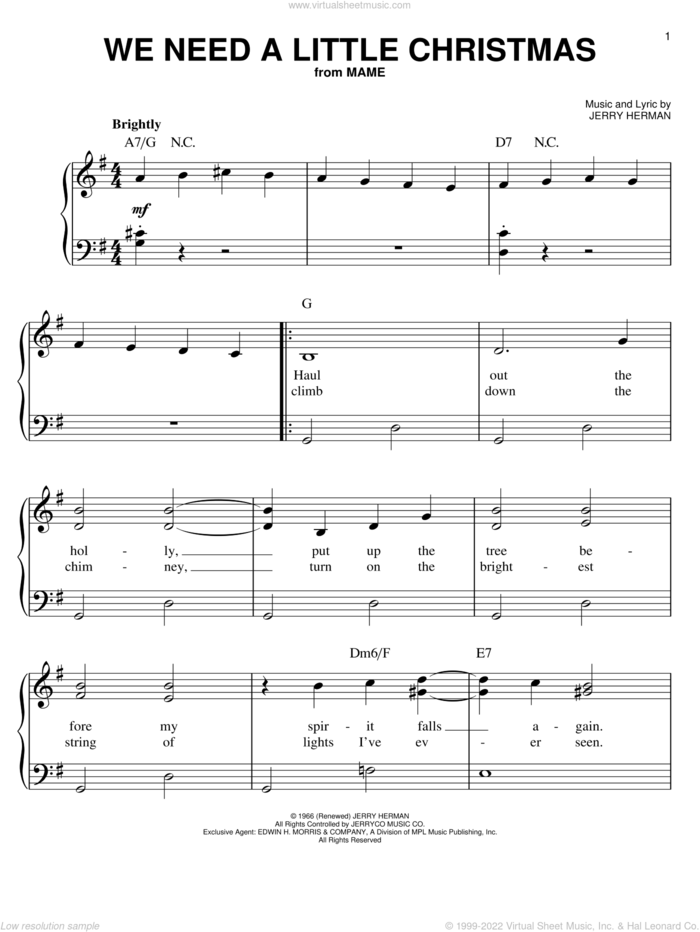 We Need A Little Christmas sheet music for piano solo by Angela Lansbury, Mame (Musical) and Jerry Herman, easy skill level