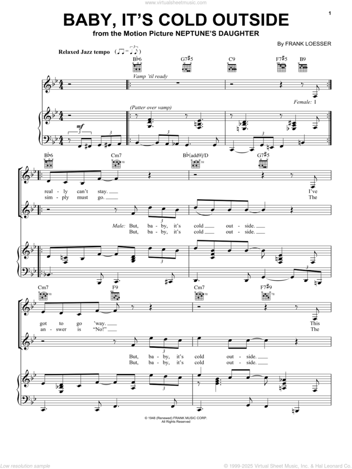 Baby, It's Cold Outside sheet music for voice, piano or guitar by Louis Armstrong, Dean Martin, Dinah Shore, Ella Fitzgerald, Ray Charles, Vanessa Williams and Frank Loesser, intermediate skill level