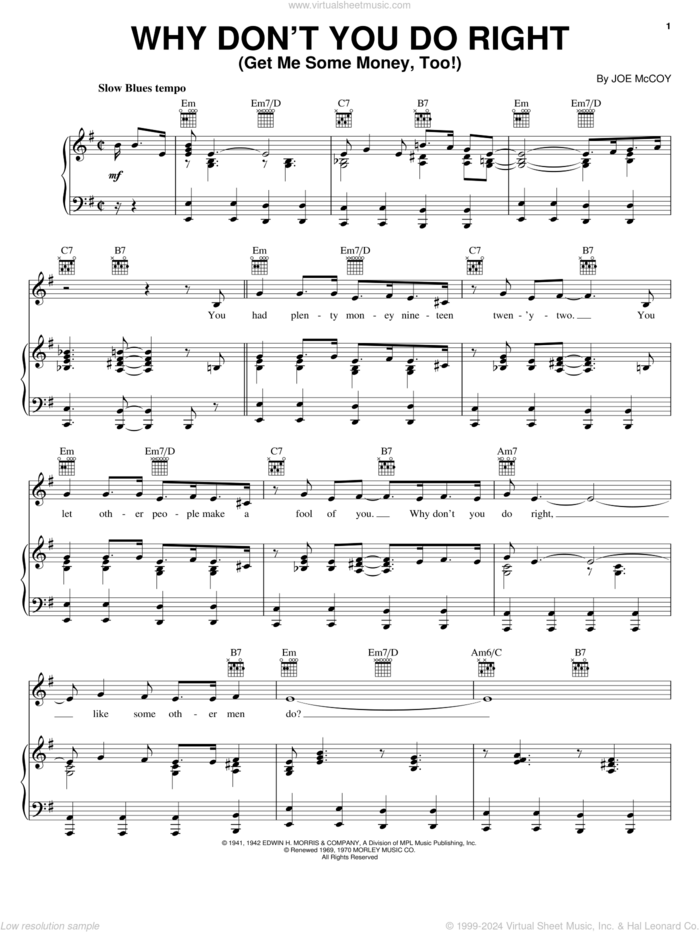 Why Don't You Do Right (Get Me Some Money, Too!) sheet music for voice, piano or guitar by Peggy Lee and Joe McCoy, intermediate skill level