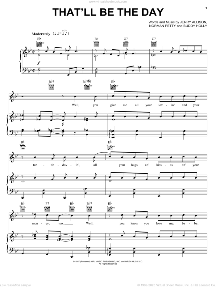 That'll Be The Day sheet music for voice, piano or guitar by Buddy Holly, The Crickets, Jerry Allison and Norman Petty, intermediate skill level