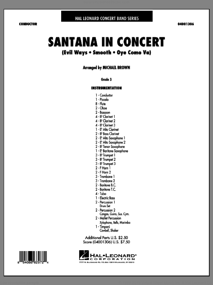 Santana In Concert (COMPLETE) sheet music for concert band by Michael Brown and Carlos Santana, intermediate skill level
