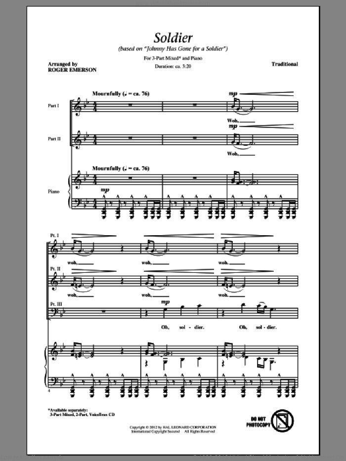 Soldier (Based on 'Johnny Has Gone For A Soldier') sheet music for choir (3-Part Mixed) by Roger Emerson, intermediate skill level