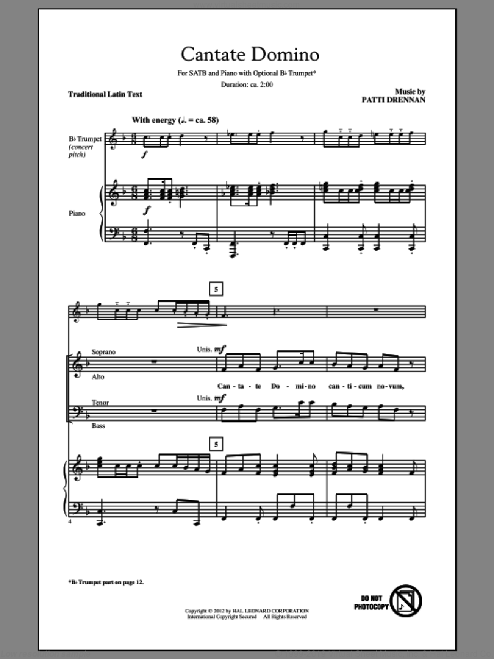 Cantate Domino sheet music for choir (SATB: soprano, alto, tenor, bass) by Patti Drennan, intermediate skill level
