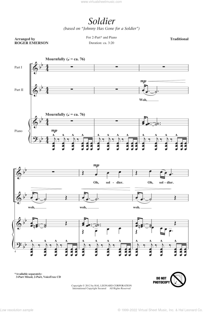 Soldier (Based on 'Johnny Has Gone For A Soldier') sheet music for choir (2-Part) by Roger Emerson, intermediate duet