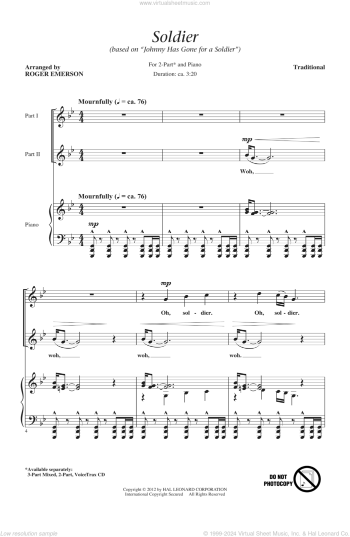 Soldier (Based on 'Johnny Has Gone For A Soldier') sheet music for choir (2-Part) by Roger Emerson, intermediate duet