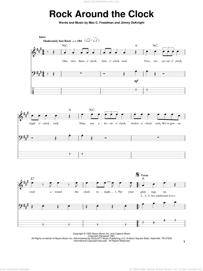 Rock Around The Clock sheet music for bass (tablature) (bass guitar) by Bill Haley & His Comets, Jimmy DeKnight and Max C. Freedman, intermediate skill level