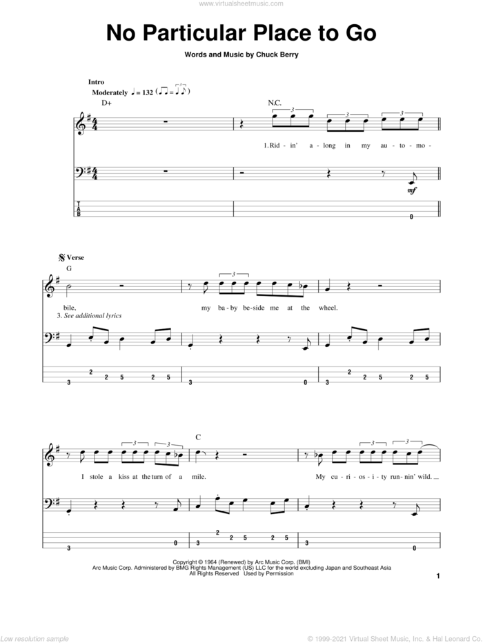 No Particular Place To Go sheet music for bass (tablature) (bass guitar) by Chuck Berry, intermediate skill level