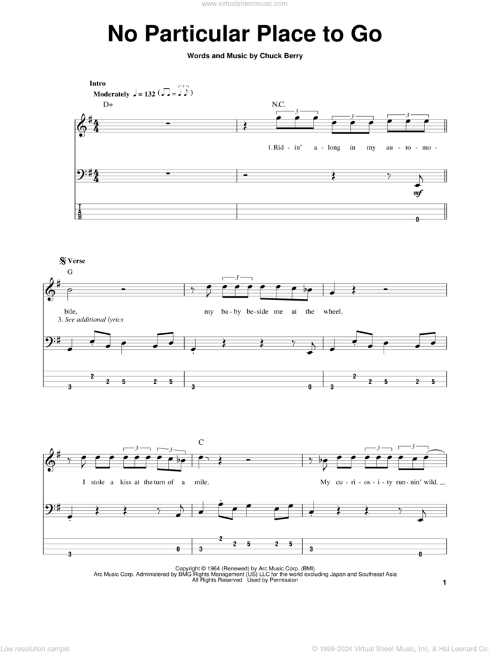 No Particular Place To Go sheet music for bass (tablature) (bass guitar) by Chuck Berry, intermediate skill level