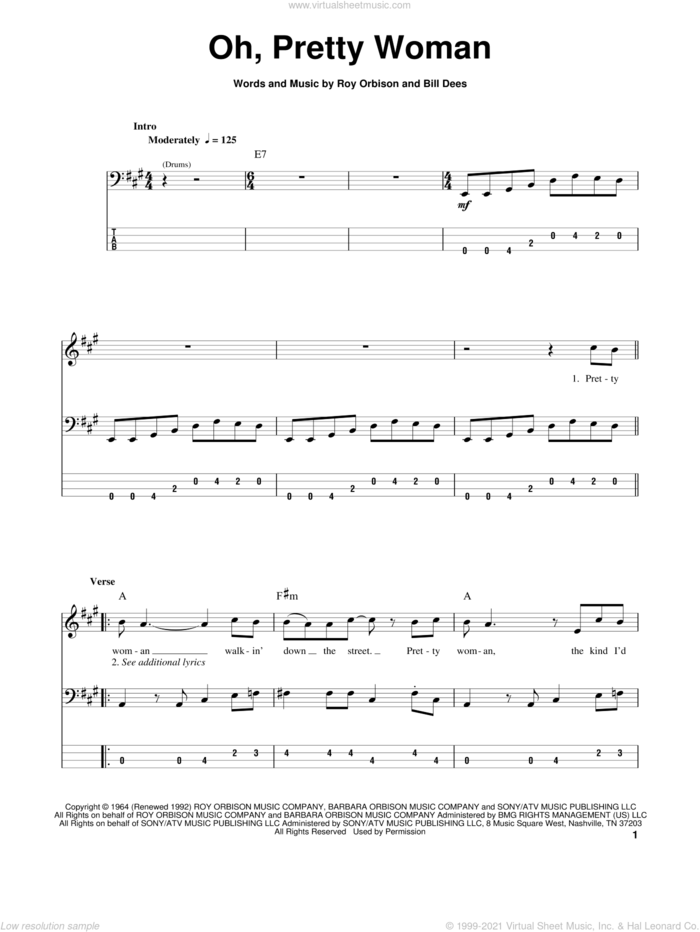 Oh, Pretty Woman sheet music for bass (tablature) (bass guitar) by Roy Orbison and Bill Dees, intermediate skill level