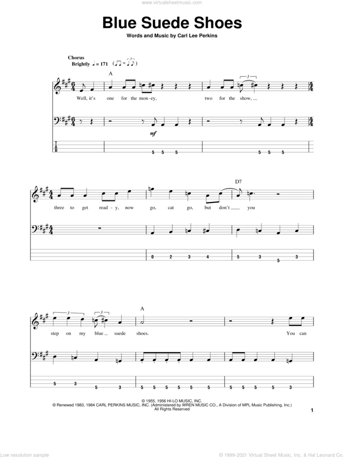 Blue Suede Shoes sheet music for bass (tablature) (bass guitar) by Carl Perkins and Elvis Presley, intermediate skill level